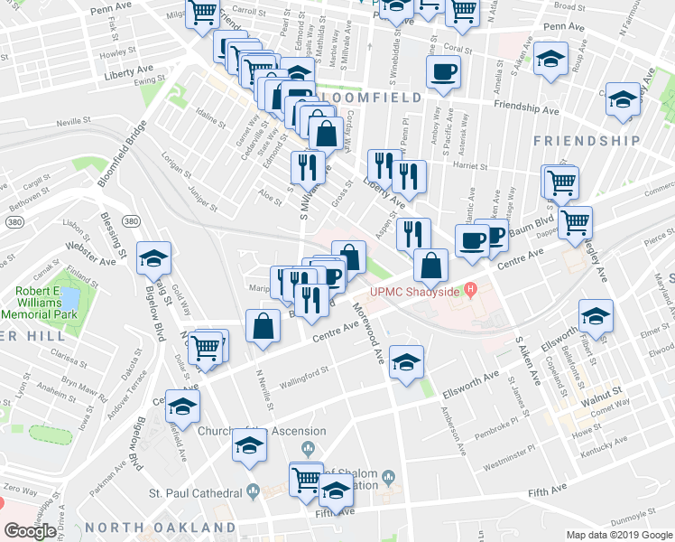 map of restaurants, bars, coffee shops, grocery stores, and more near 217 Morewood Avenue in Pittsburgh