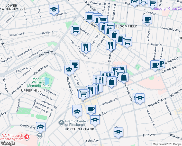 map of restaurants, bars, coffee shops, grocery stores, and more near 18 Hemingway Street in Pittsburgh