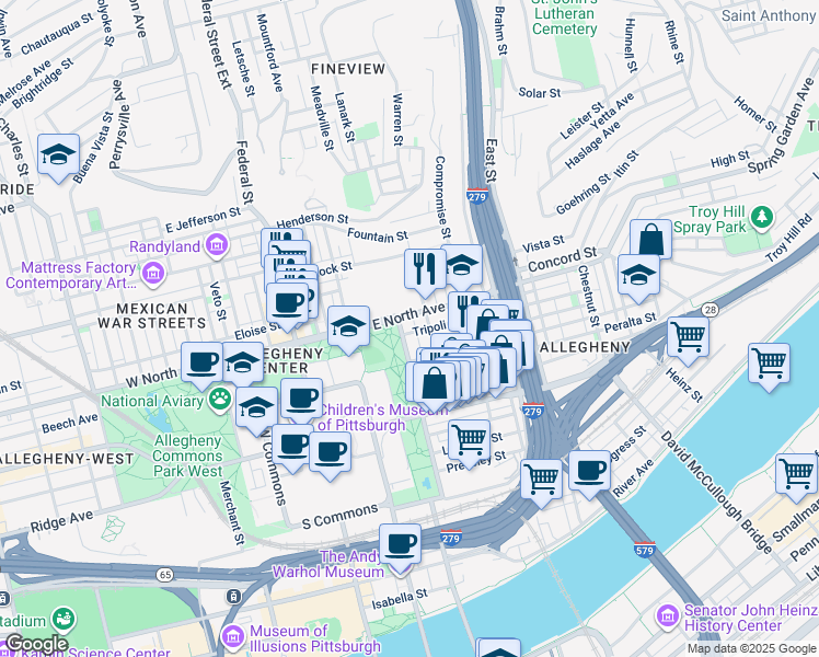 map of restaurants, bars, coffee shops, grocery stores, and more near 320 East North Avenue in Pittsburgh