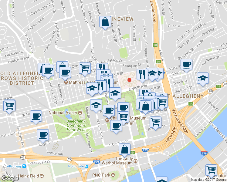 map of restaurants, bars, coffee shops, grocery stores, and more near 1214 Loraine Street in Pittsburgh
