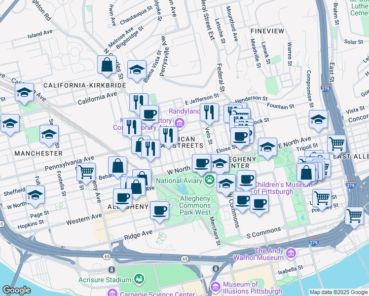 map of restaurants, bars, coffee shops, grocery stores, and more near 409 North Taylor Avenue in Pittsburgh