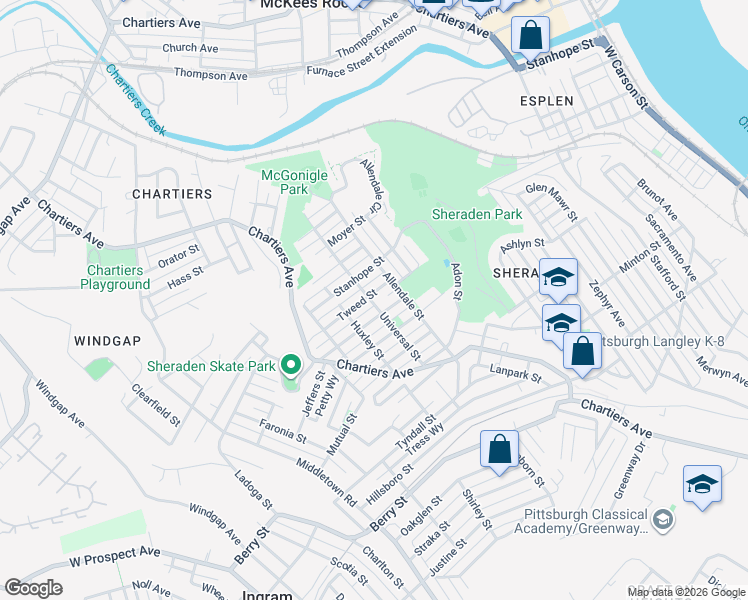 map of restaurants, bars, coffee shops, grocery stores, and more near 1004 Tweed Street in Pittsburgh