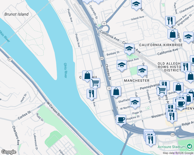 map of restaurants, bars, coffee shops, grocery stores, and more near 1650 Metropolitan Street in Pittsburgh
