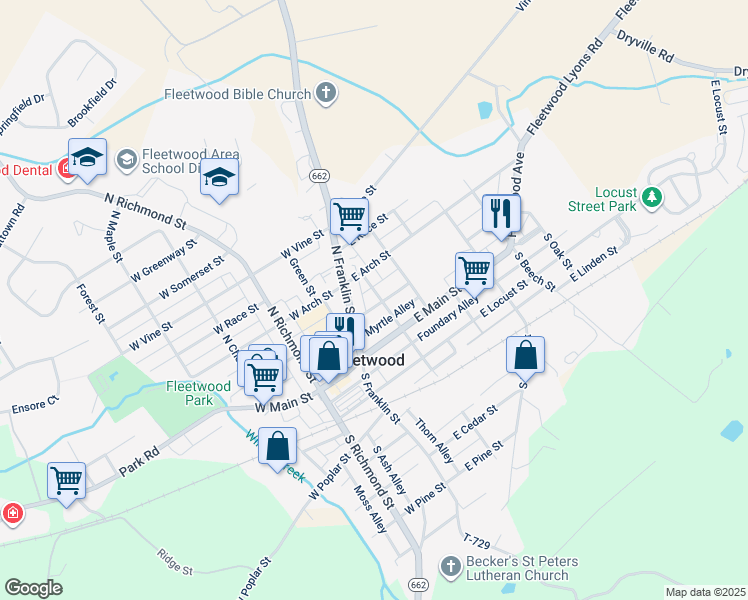 map of restaurants, bars, coffee shops, grocery stores, and more near 39 East Washington Street in Fleetwood