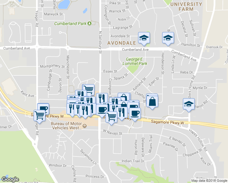 map of restaurants, bars, coffee shops, grocery stores, and more near 854 Ashland Street in West Lafayette