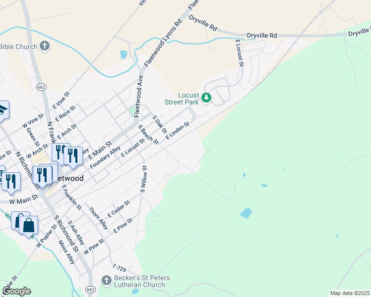 map of restaurants, bars, coffee shops, grocery stores, and more near 524 East Linden Street in Fleetwood