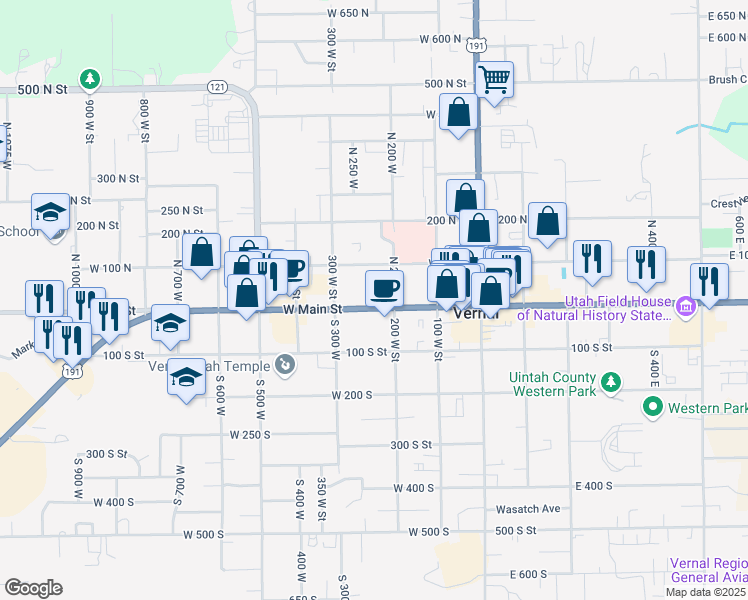 map of restaurants, bars, coffee shops, grocery stores, and more near 226 West Main Street in Vernal