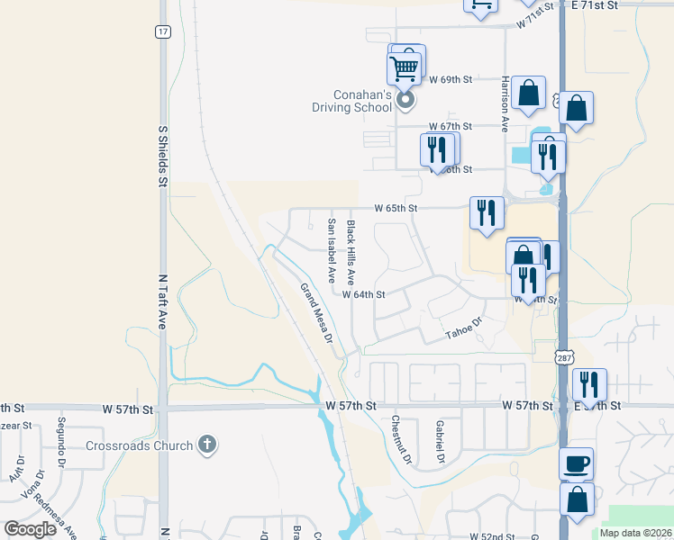 map of restaurants, bars, coffee shops, grocery stores, and more near 6447 San Isabel Avenue in Loveland