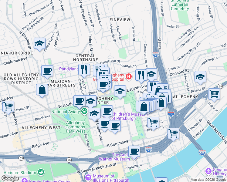 map of restaurants, bars, coffee shops, grocery stores, and more near 1214 Loraine Street in Pittsburgh