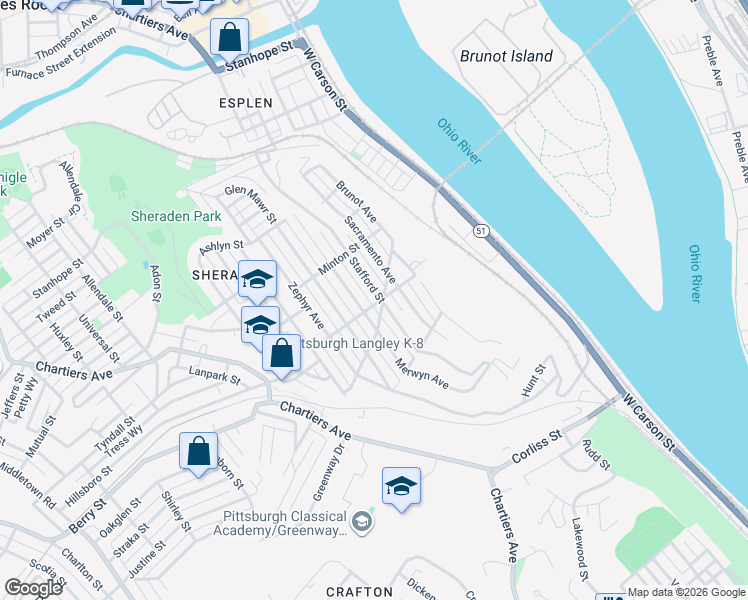 map of restaurants, bars, coffee shops, grocery stores, and more near 2925 Stafford Street in Pittsburgh