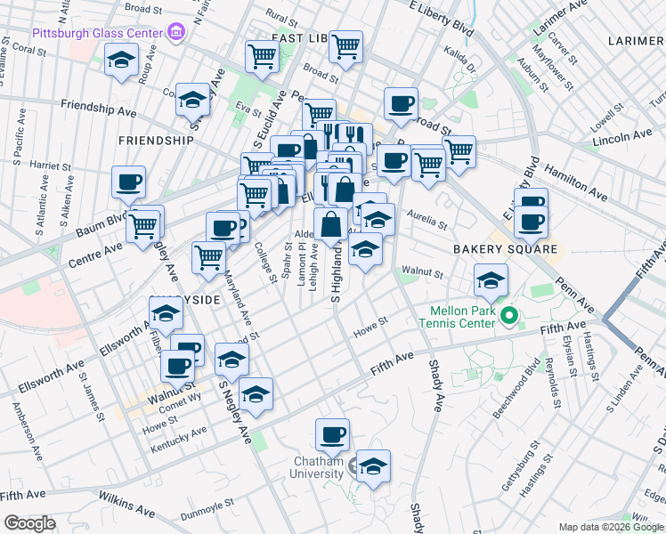 map of restaurants, bars, coffee shops, grocery stores, and more near 319 Lehigh Avenue in Pittsburgh