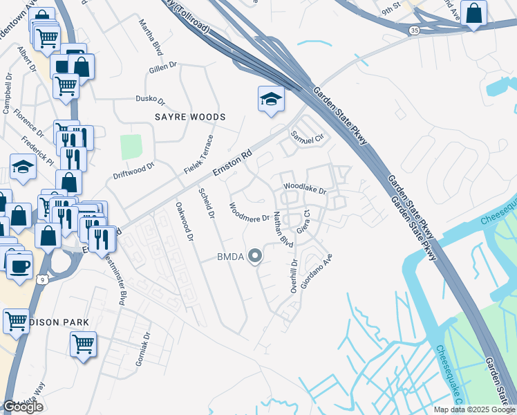 map of restaurants, bars, coffee shops, grocery stores, and more near 11 Upperbrook Court in Sayreville