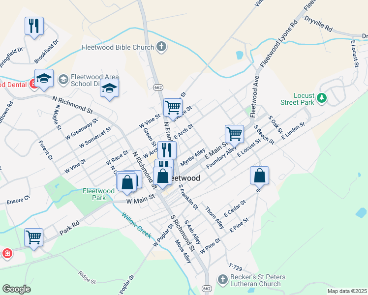 map of restaurants, bars, coffee shops, grocery stores, and more near 118 North Walnut Street in Fleetwood