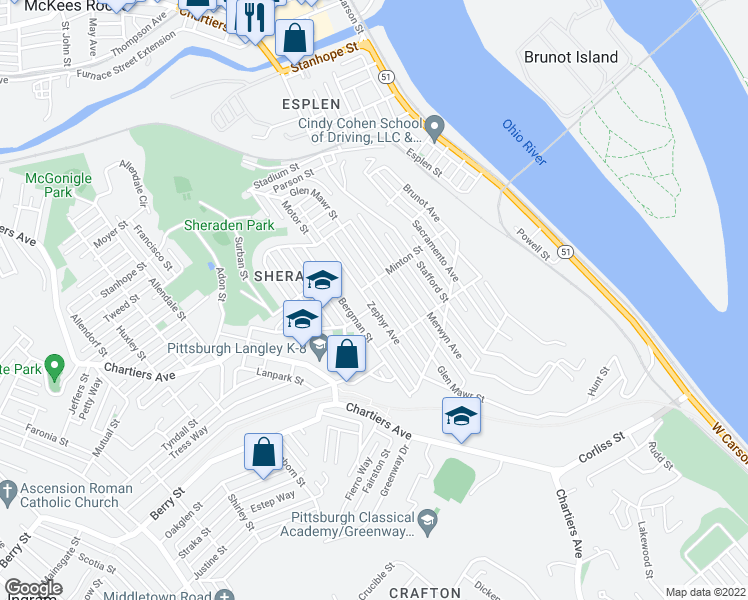 map of restaurants, bars, coffee shops, grocery stores, and more near 2946 Zephyr Avenue in Pittsburgh