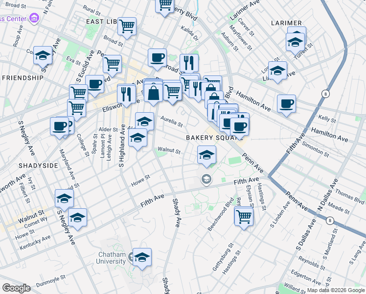 map of restaurants, bars, coffee shops, grocery stores, and more near 6350 Marchand Street in Pittsburgh