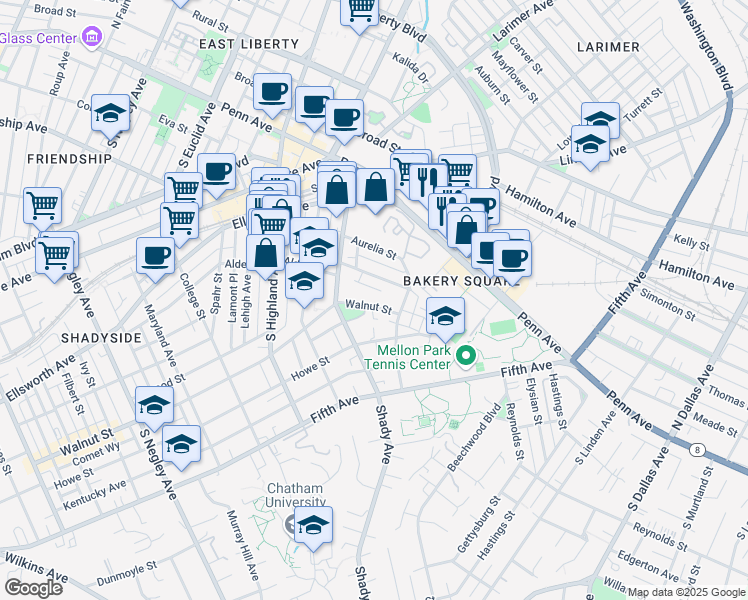 map of restaurants, bars, coffee shops, grocery stores, and more near 6322 Marchand Street in Pittsburgh