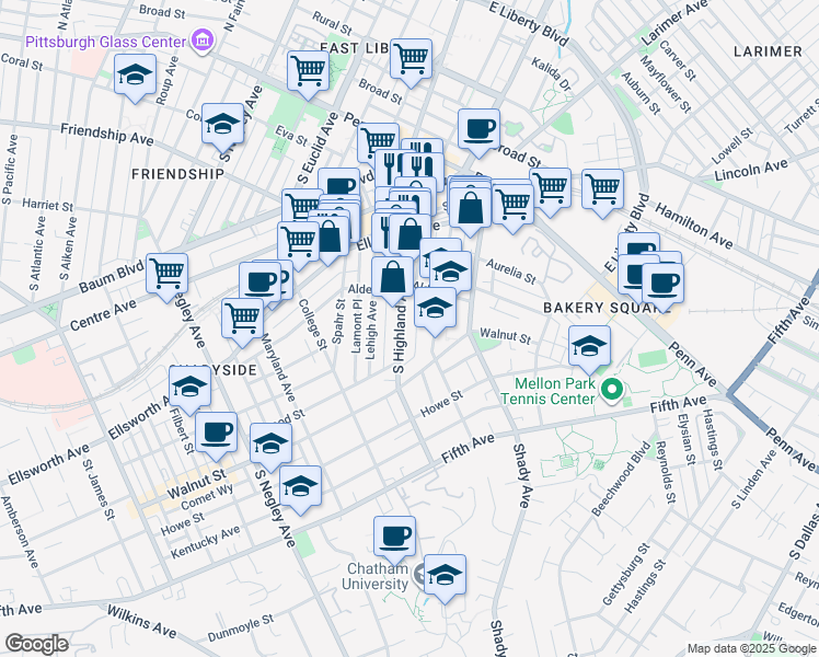 map of restaurants, bars, coffee shops, grocery stores, and more near 325 South Highland Avenue in Pittsburgh