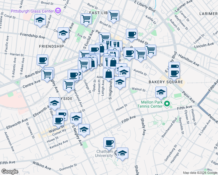 map of restaurants, bars, coffee shops, grocery stores, and more near 319 Lehigh Avenue in Pittsburgh