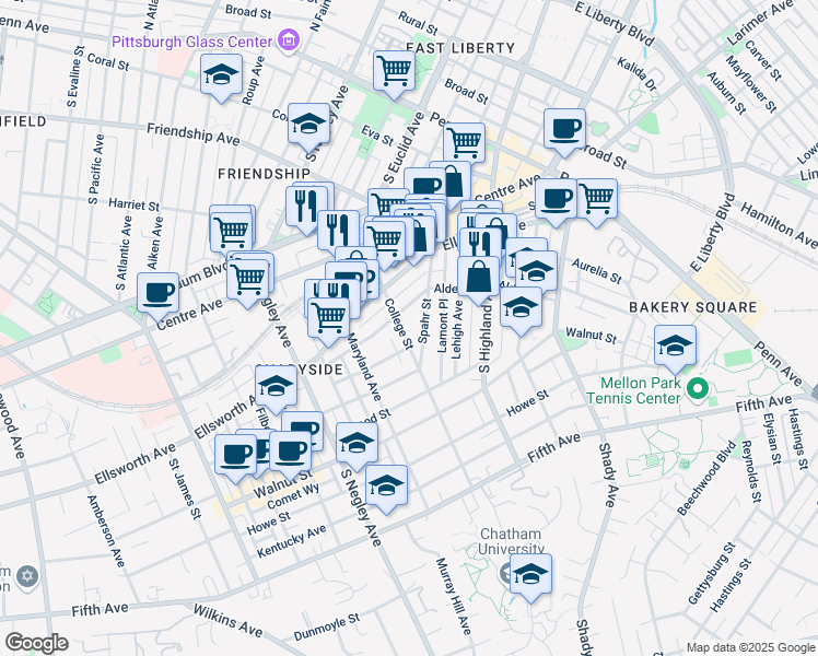 map of restaurants, bars, coffee shops, grocery stores, and more near in Pittsburgh