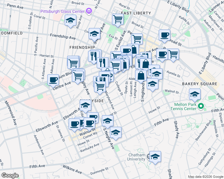 map of restaurants, bars, coffee shops, grocery stores, and more near in Pittsburgh