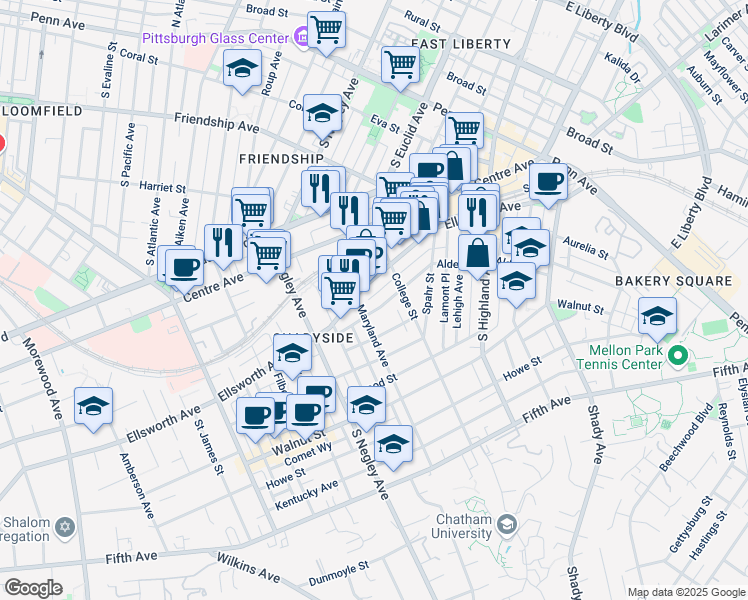 map of restaurants, bars, coffee shops, grocery stores, and more near 5817 Alder Street in Pittsburgh