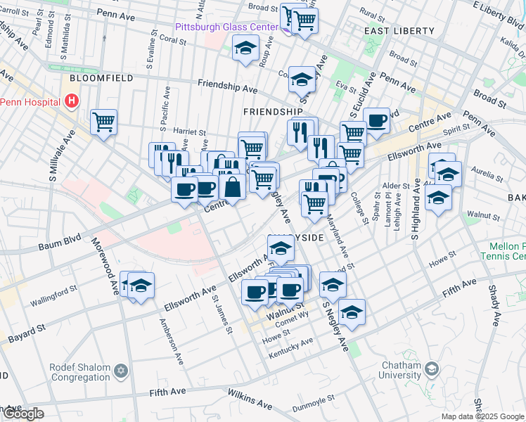 map of restaurants, bars, coffee shops, grocery stores, and more near 5550 Centre Avenue in Pittsburgh