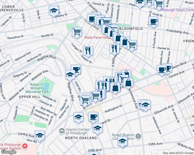 map of restaurants, bars, coffee shops, grocery stores, and more near 18 Hemingway Street in Pittsburgh