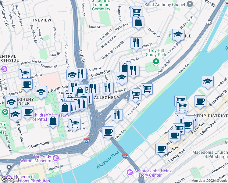 map of restaurants, bars, coffee shops, grocery stores, and more near 908 Chestnut Street in Pittsburgh