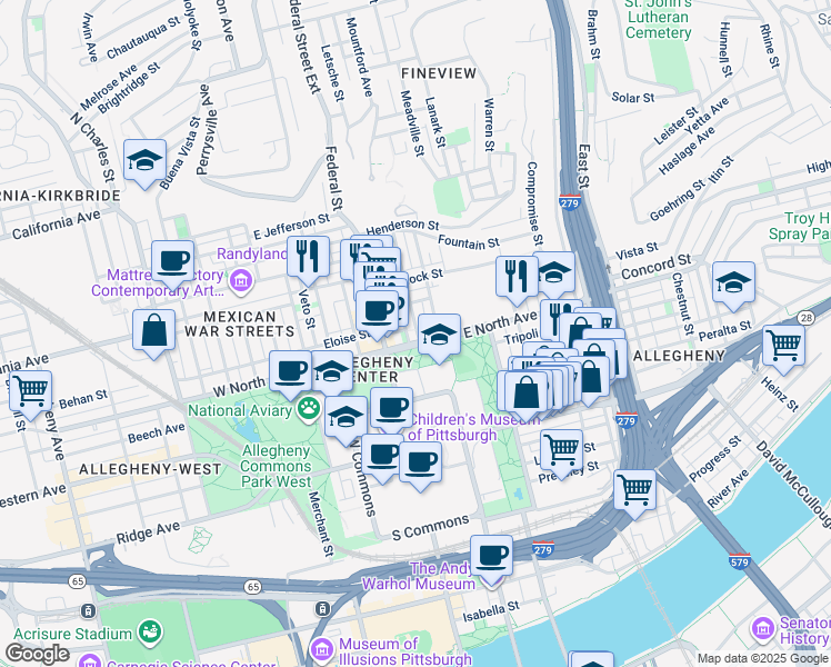 map of restaurants, bars, coffee shops, grocery stores, and more near 1214 Loraine Street in Pittsburgh