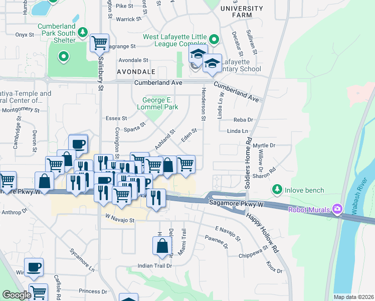 map of restaurants, bars, coffee shops, grocery stores, and more near 635 Eden St in West Lafayette