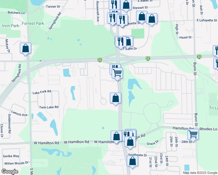 map of restaurants, bars, coffee shops, grocery stores, and more near 102 Oak Creek Plaza in Bloomington