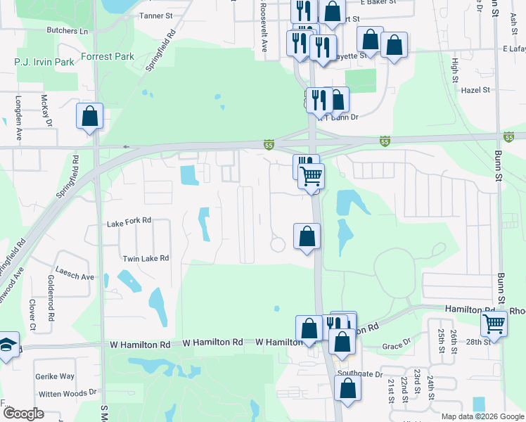 map of restaurants, bars, coffee shops, grocery stores, and more near 14 Ronald Drive in Bloomington