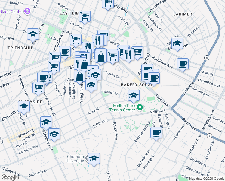 map of restaurants, bars, coffee shops, grocery stores, and more near 6322 Marchand Street in Pittsburgh