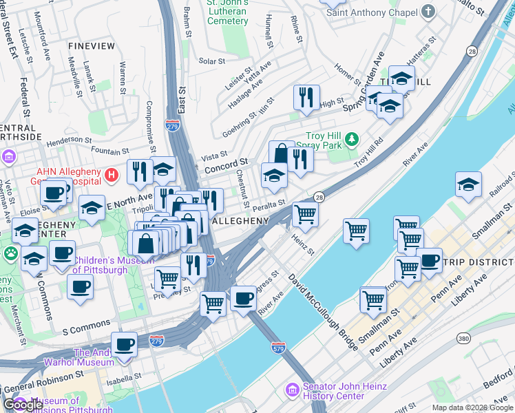 map of restaurants, bars, coffee shops, grocery stores, and more near 908 Chestnut Street in Pittsburgh