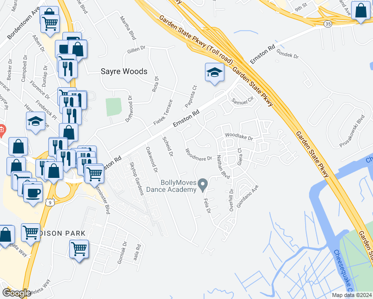 map of restaurants, bars, coffee shops, grocery stores, and more near 87 Woodmere Drive in Sayreville