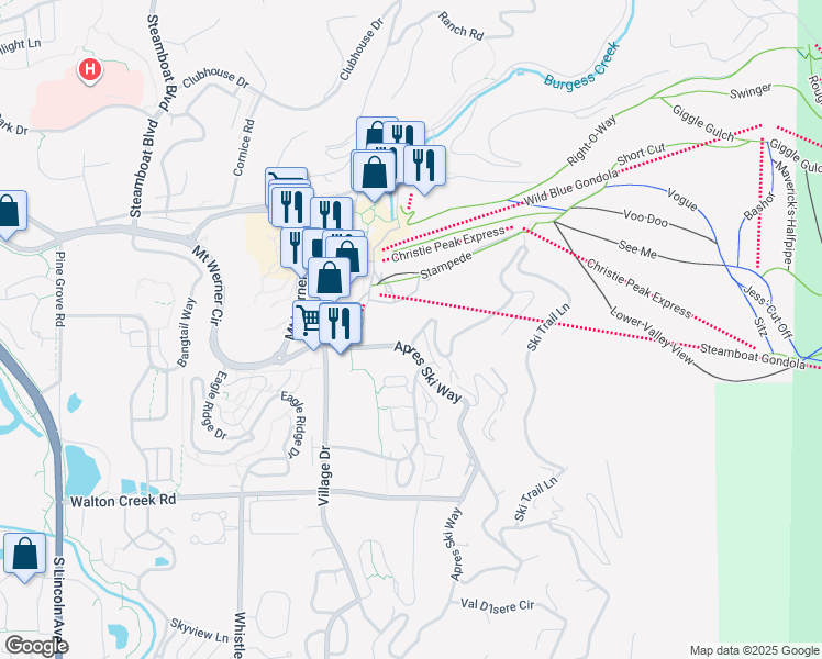 map of restaurants, bars, coffee shops, grocery stores, and more near 2308 Ski Trail Lane in Steamboat Springs