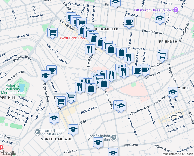 map of restaurants, bars, coffee shops, grocery stores, and more near 217 Morewood Avenue in Pittsburgh