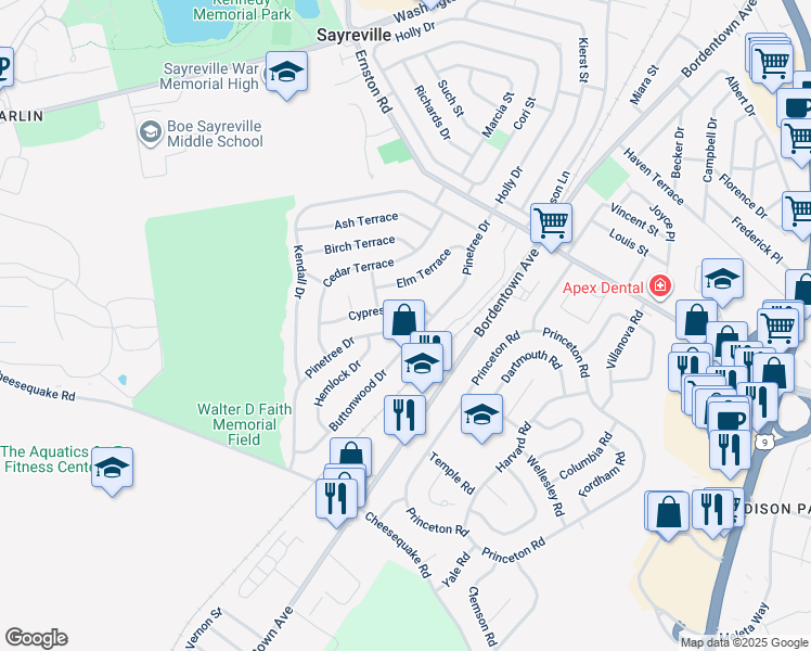 map of restaurants, bars, coffee shops, grocery stores, and more near 65 Pinetree Drive in Sayreville