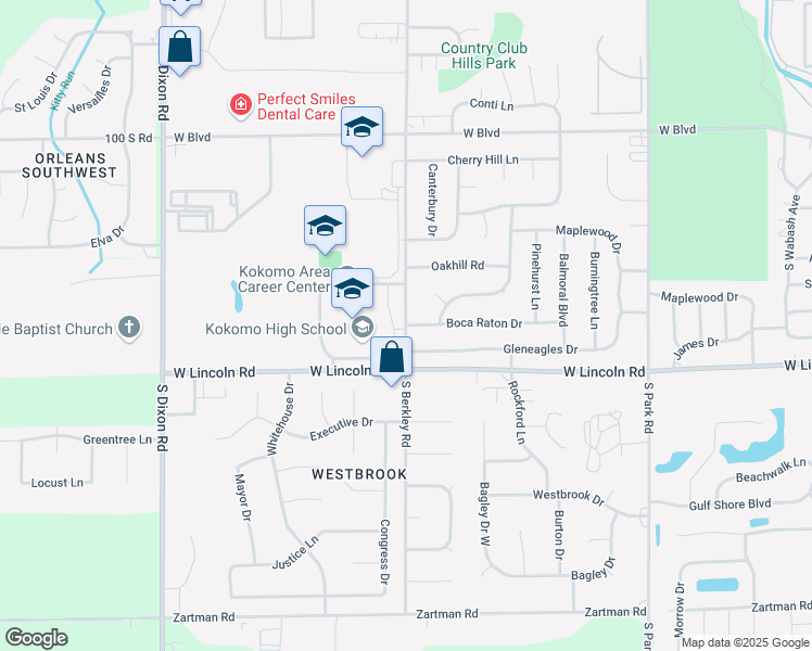 map of restaurants, bars, coffee shops, grocery stores, and more near 2501 South Berkley Road in Kokomo