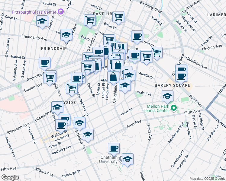 map of restaurants, bars, coffee shops, grocery stores, and more near 340 South Highland Avenue in Pittsburgh