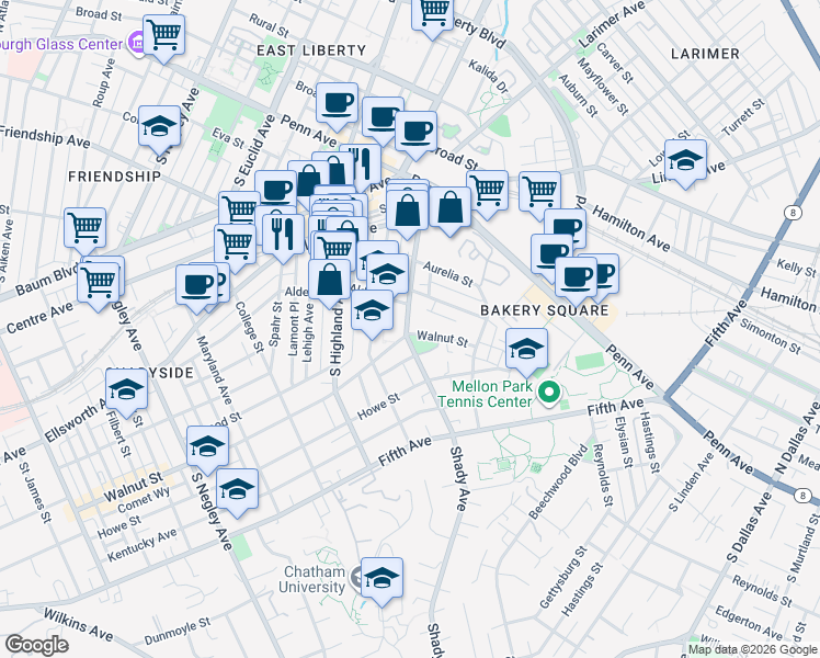 map of restaurants, bars, coffee shops, grocery stores, and more near 315 Shady Avenue in Pittsburgh