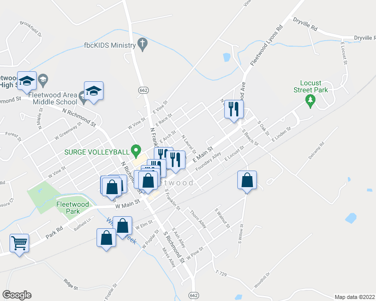 map of restaurants, bars, coffee shops, grocery stores, and more near 124 East Washington Street in Fleetwood