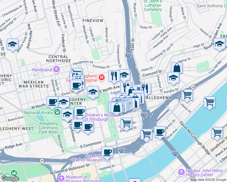 map of restaurants, bars, coffee shops, grocery stores, and more near 516 East North Avenue in Pittsburgh