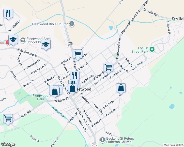 map of restaurants, bars, coffee shops, grocery stores, and more near 124 East Washington Street in Fleetwood