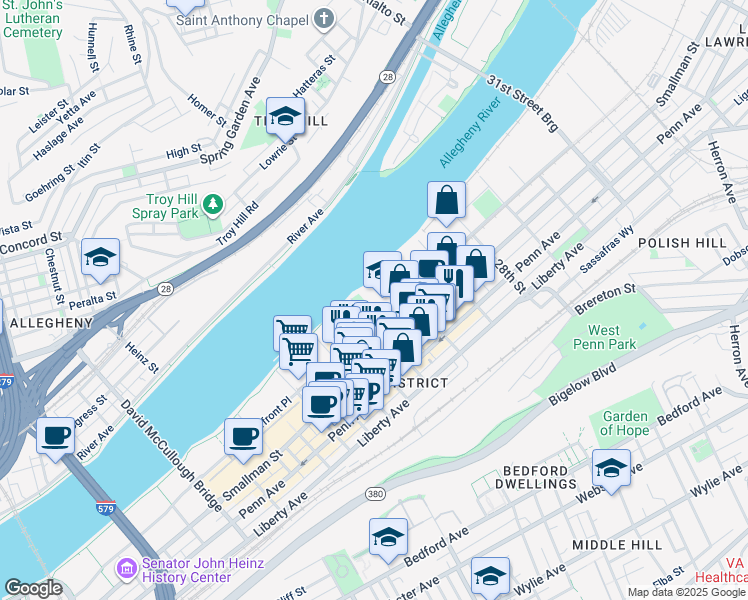 map of restaurants, bars, coffee shops, grocery stores, and more near 2545 Railroad Street in Pittsburgh