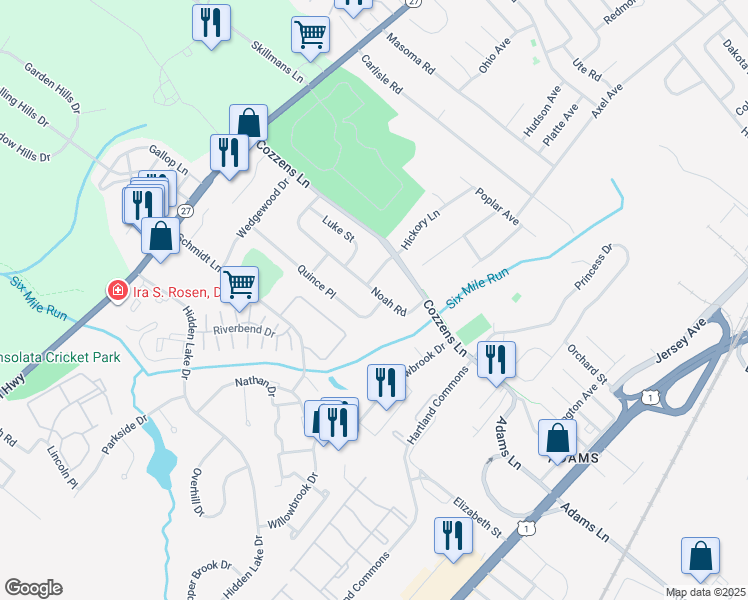 map of restaurants, bars, coffee shops, grocery stores, and more near 3 Quince Place in North Brunswick Township