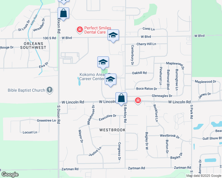 map of restaurants, bars, coffee shops, grocery stores, and more near 2501 South Berkley Road in Kokomo
