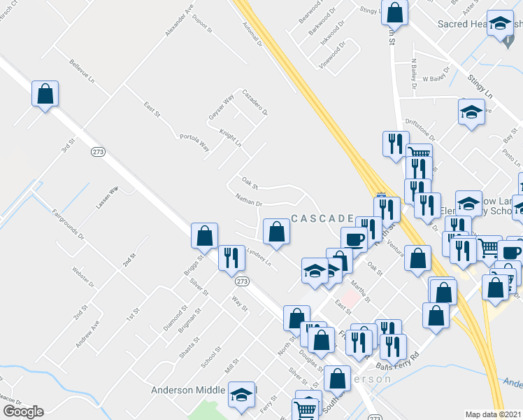map of restaurants, bars, coffee shops, grocery stores, and more near 3379 Nathan Drive in Anderson