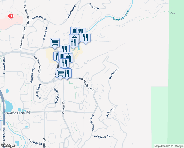 map of restaurants, bars, coffee shops, grocery stores, and more near 2398 Ski Trail Lane in Steamboat Springs