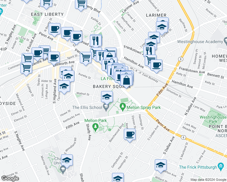 map of restaurants, bars, coffee shops, grocery stores, and more near 6425 Living Place in Pittsburgh